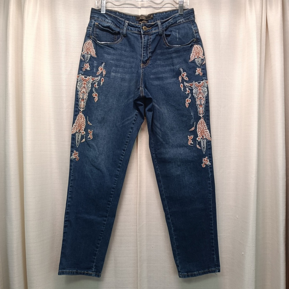 Lucky & Blessed Womens 14 Embroidered Boyfriend Jeans Blue Western Skull Boho